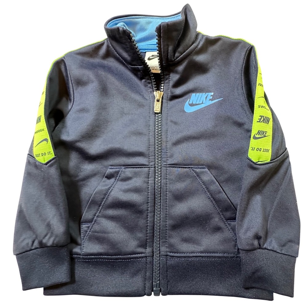 Nike Kids Navy Blue Track Jacket Neon Green Sleeve Tape Full Zip 12M